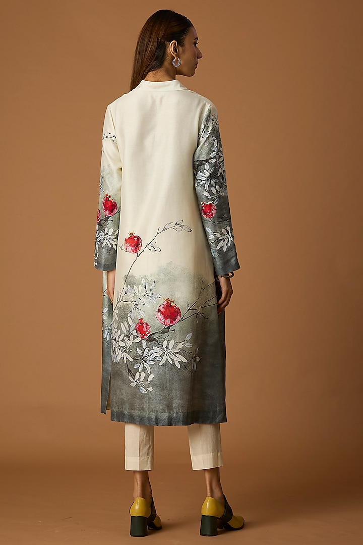 Ivory & Grey Silk Chanderi Printed Tunic by Anju Modi at Pernia's Pop Up Shop