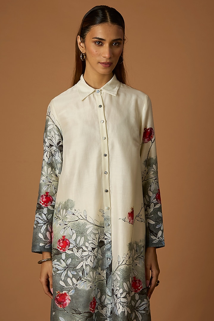 Ivory & Grey Silk Chanderi Printed Tunic by Anju Modi at Pernia's Pop Up Shop