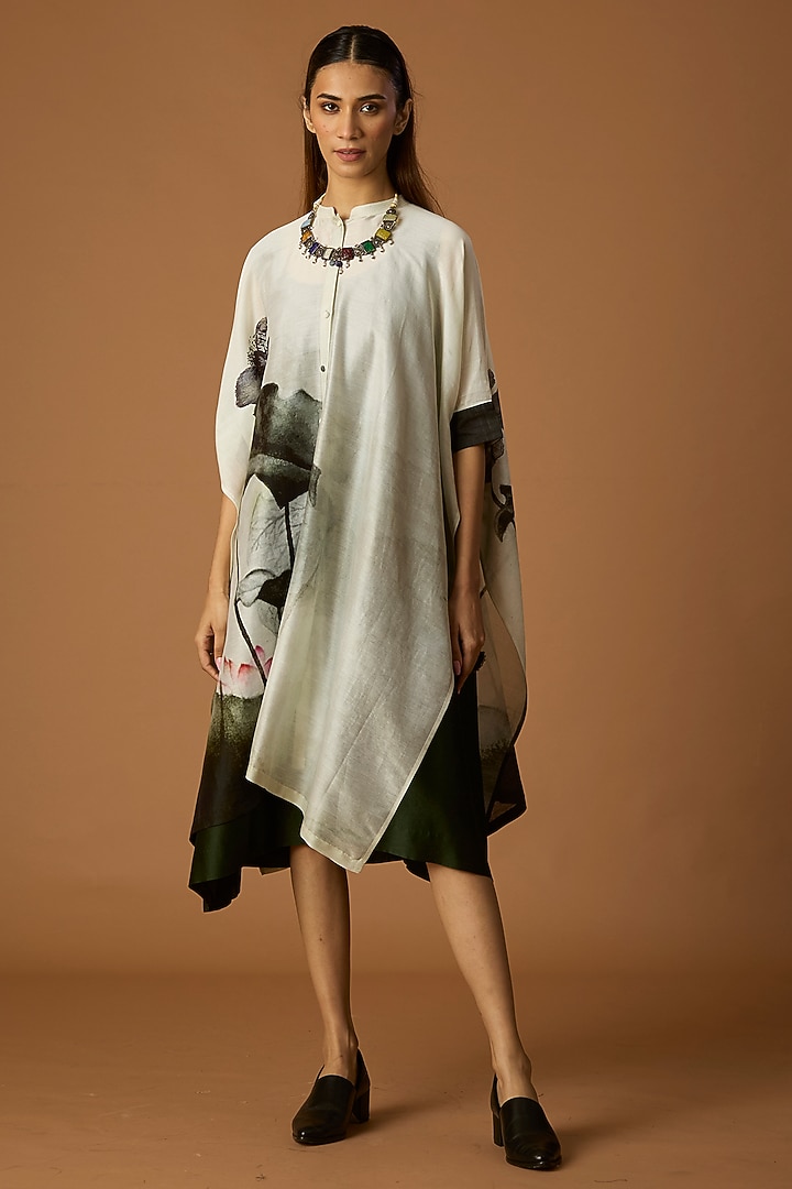 Ivory & Dark Green Silk Chanderi Printed Tunic by Anju Modi at Pernia's Pop Up Shop