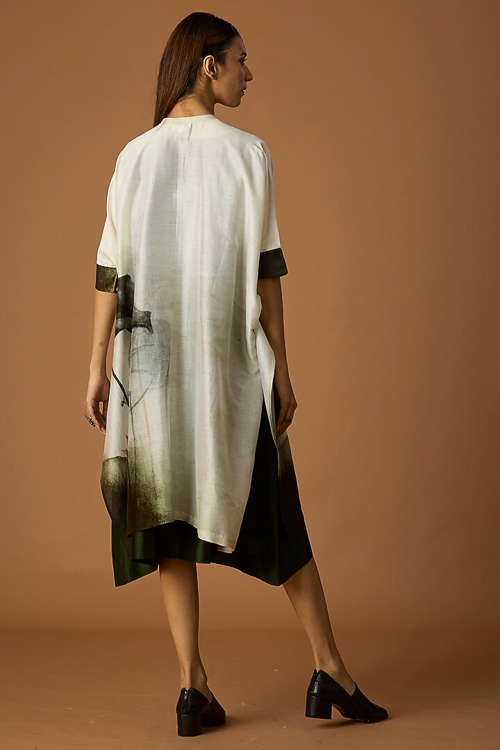 Ivory & Dark Green Silk Chanderi Printed Tunic by Anju Modi at Pernia's Pop Up Shop