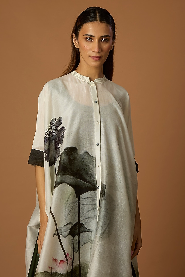 Ivory & Dark Green Silk Chanderi Printed Tunic by Anju Modi at Pernia's Pop Up Shop
