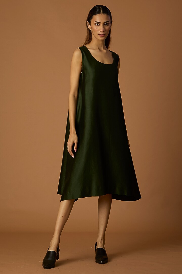 Ivory & Dark Green Silk Chanderi Printed Tunic by Anju Modi at Pernia's Pop Up Shop