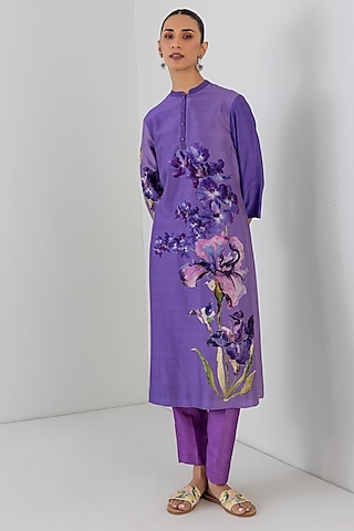 Violet Silk Chanderi Floral Printed Tunic by Anju Modi