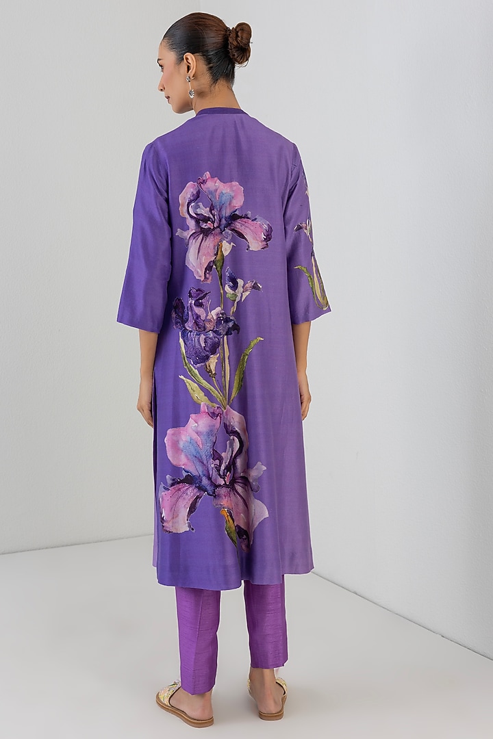 Violet Silk Chanderi Floral Printed Tunic by Anju Modi at Pernia's Pop Up Shop
