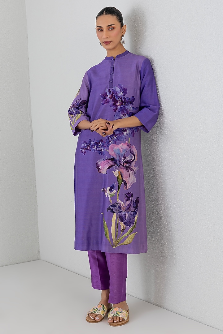 Violet Silk Chanderi Floral Printed Tunic by Anju Modi at Pernia's Pop Up Shop
