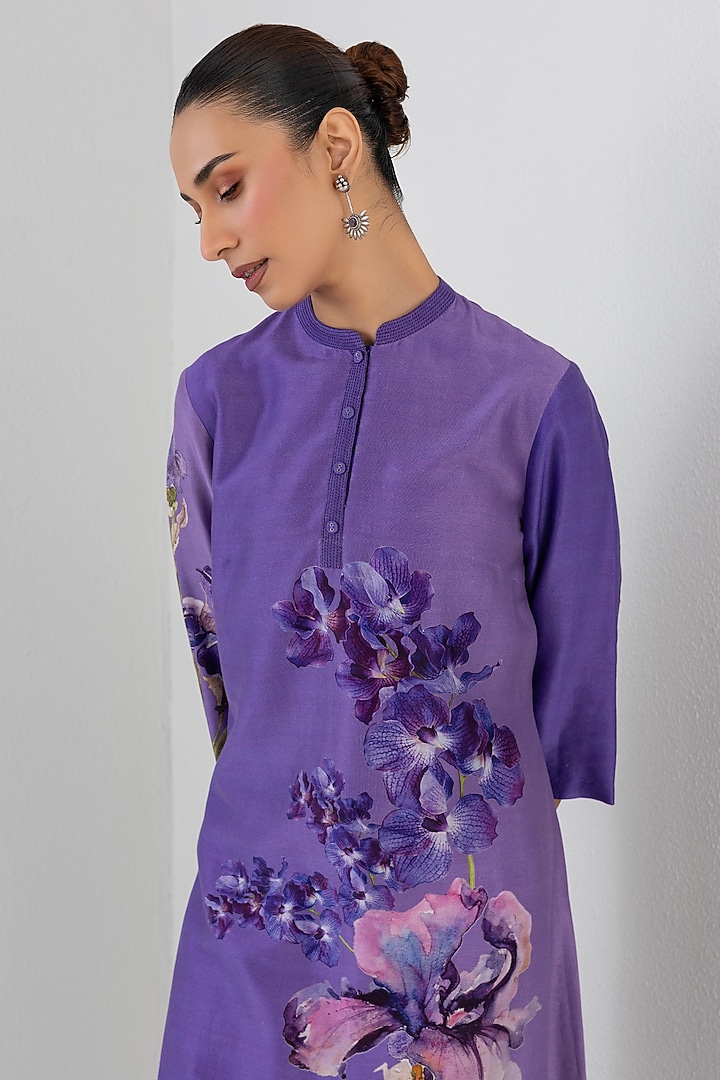 Violet Silk Chanderi Floral Printed Tunic by Anju Modi at Pernia's Pop Up Shop
