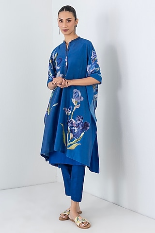 Blue Silk Chanderi Floral Printed Kaftan by Anju Modi