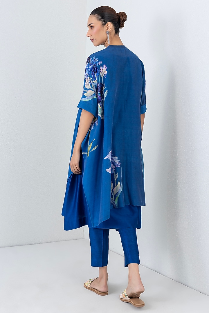 Blue Silk Chanderi Floral Printed Kaftan by Anju Modi at Pernia's Pop Up Shop