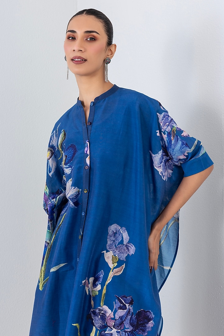 Blue Silk Chanderi Floral Printed Kaftan by Anju Modi at Pernia's Pop Up Shop
