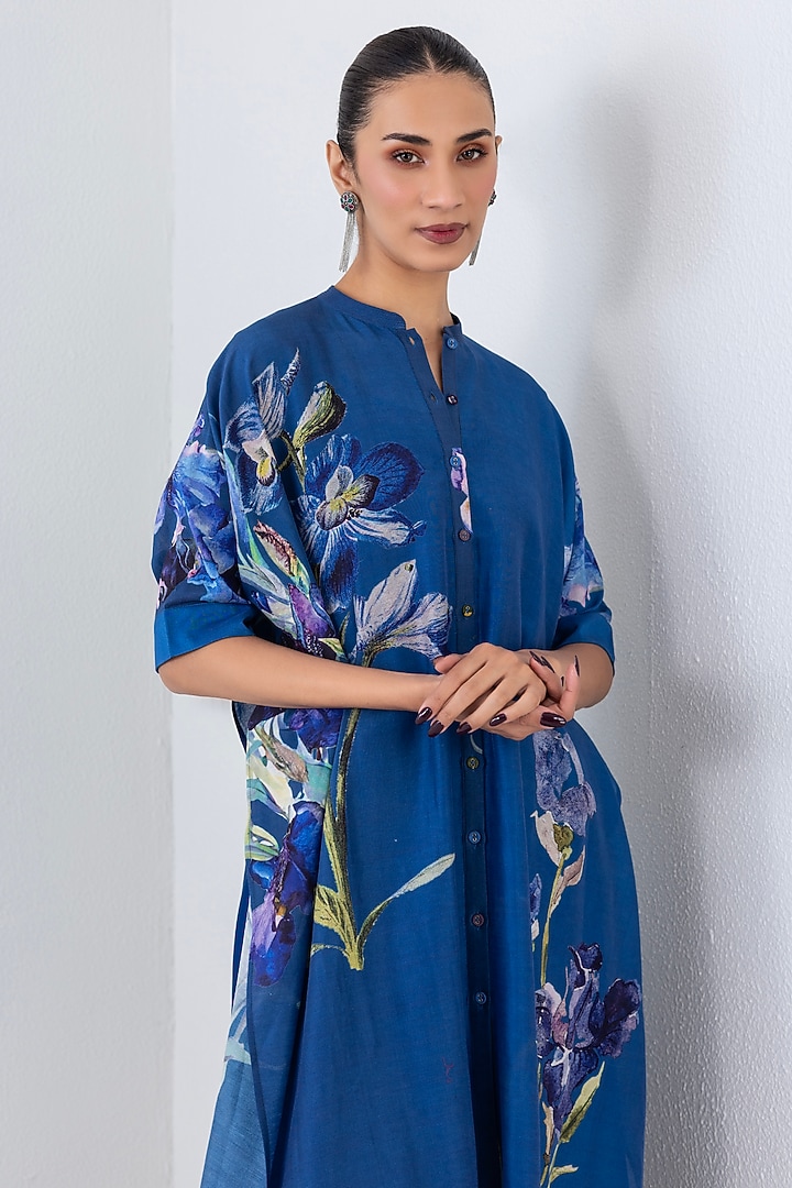 Blue Silk Chanderi Floral Printed Kaftan by Anju Modi at Pernia's Pop Up Shop