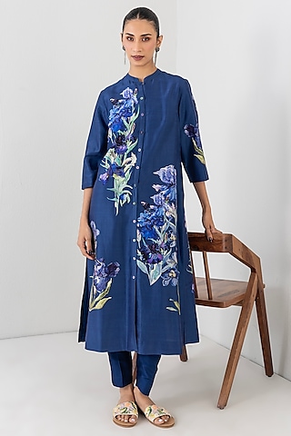 Midnight Blue Silk Chanderi Floral Printed Tunic by Anju Modi