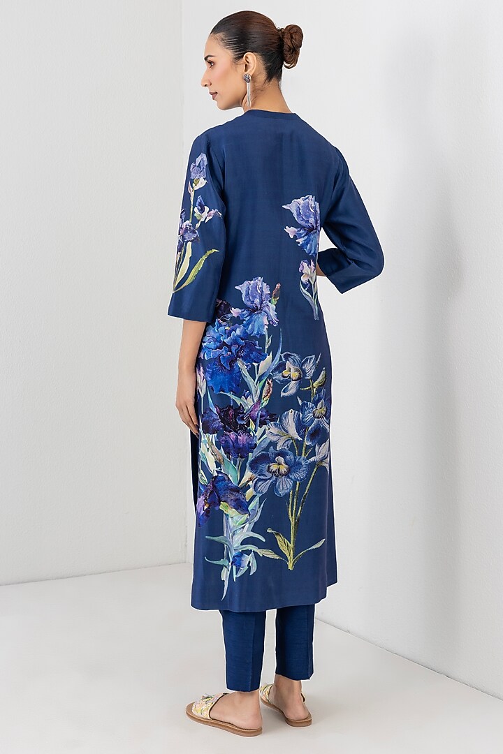 Midnight Blue Silk Chanderi Floral Printed Tunic by Anju Modi at Pernia's Pop Up Shop