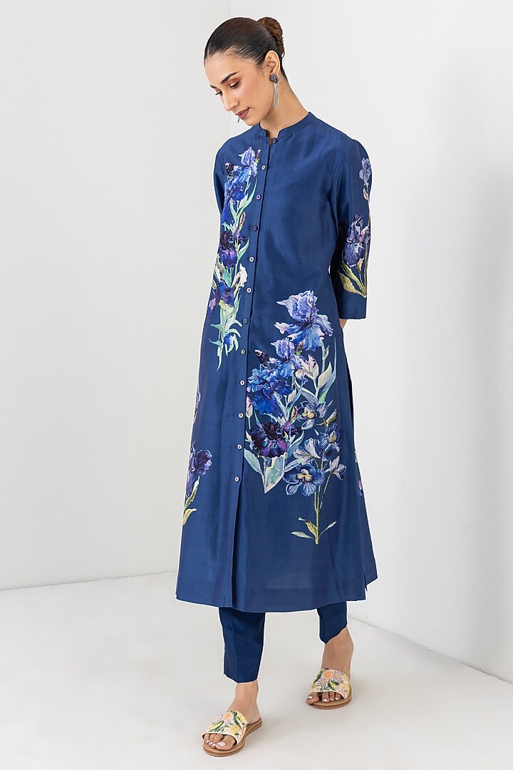 Midnight Blue Silk Chanderi Floral Printed Tunic by Anju Modi at Pernia's Pop Up Shop