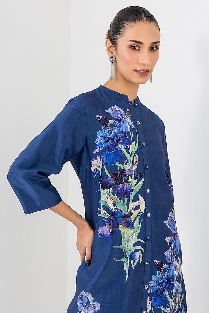 Midnight Blue Silk Chanderi Floral Printed Tunic by Anju Modi at Pernia's Pop Up Shop