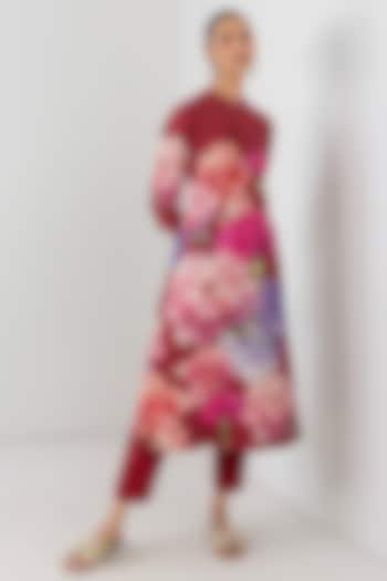 Red Silk Chanderi Floral Printed Tunic by Anju Modi at Pernia's Pop Up Shop