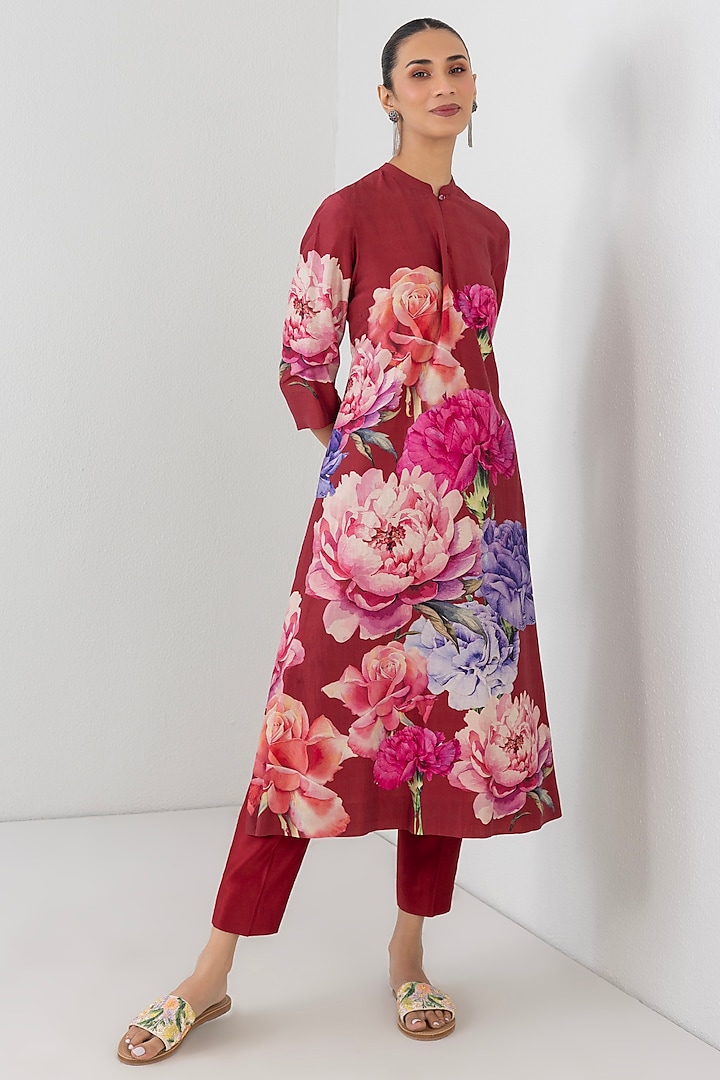 Red Silk Chanderi Floral Printed Tunic by Anju Modi at Pernia's Pop Up Shop