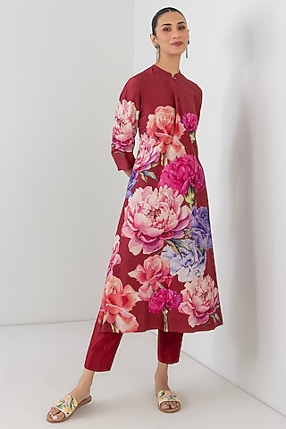 Red Silk Chanderi Floral Printed Tunic by Anju Modi