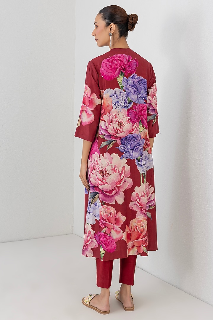Red Silk Chanderi Floral Printed Tunic by Anju Modi at Pernia's Pop Up Shop