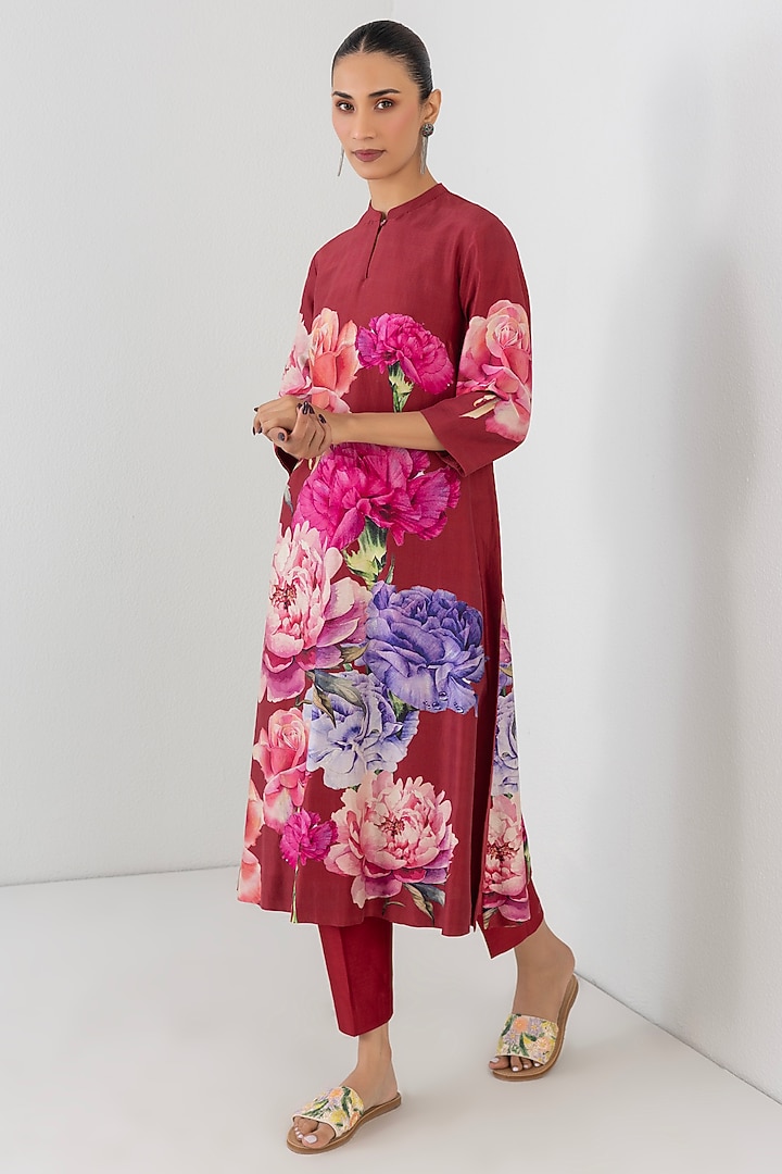 Red Silk Chanderi Floral Printed Tunic by Anju Modi at Pernia's Pop Up Shop