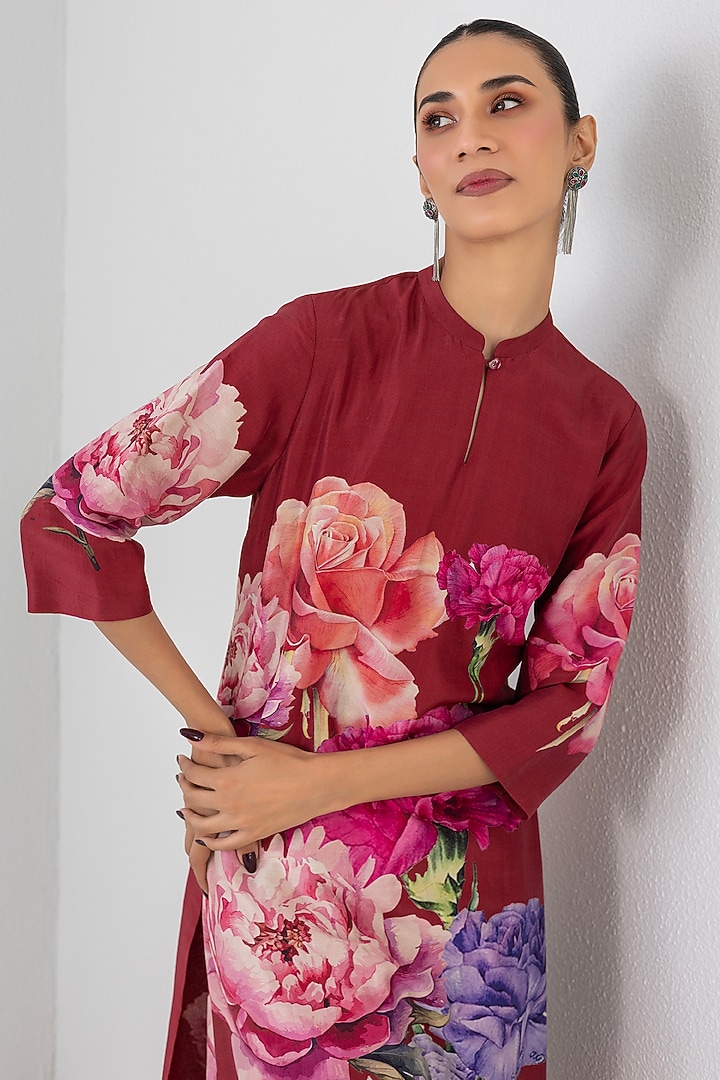 Red Silk Chanderi Floral Printed Tunic by Anju Modi at Pernia's Pop Up Shop