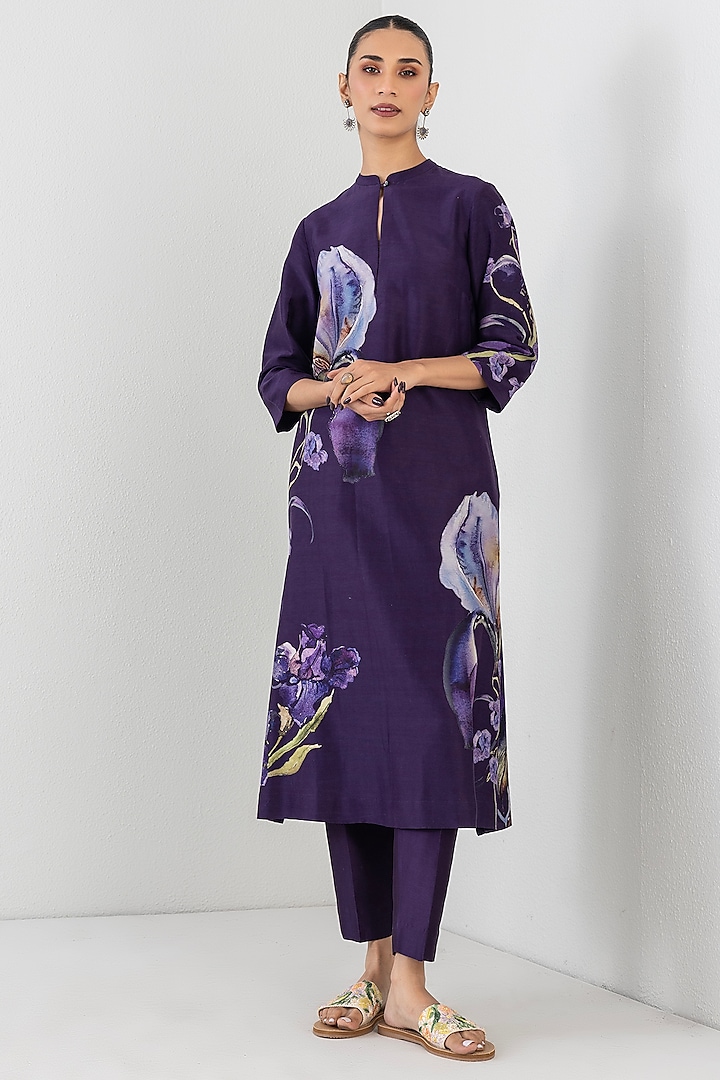 Violet Silk Chanderi Floral Printed Tunic by Anju Modi at Pernia's Pop Up Shop