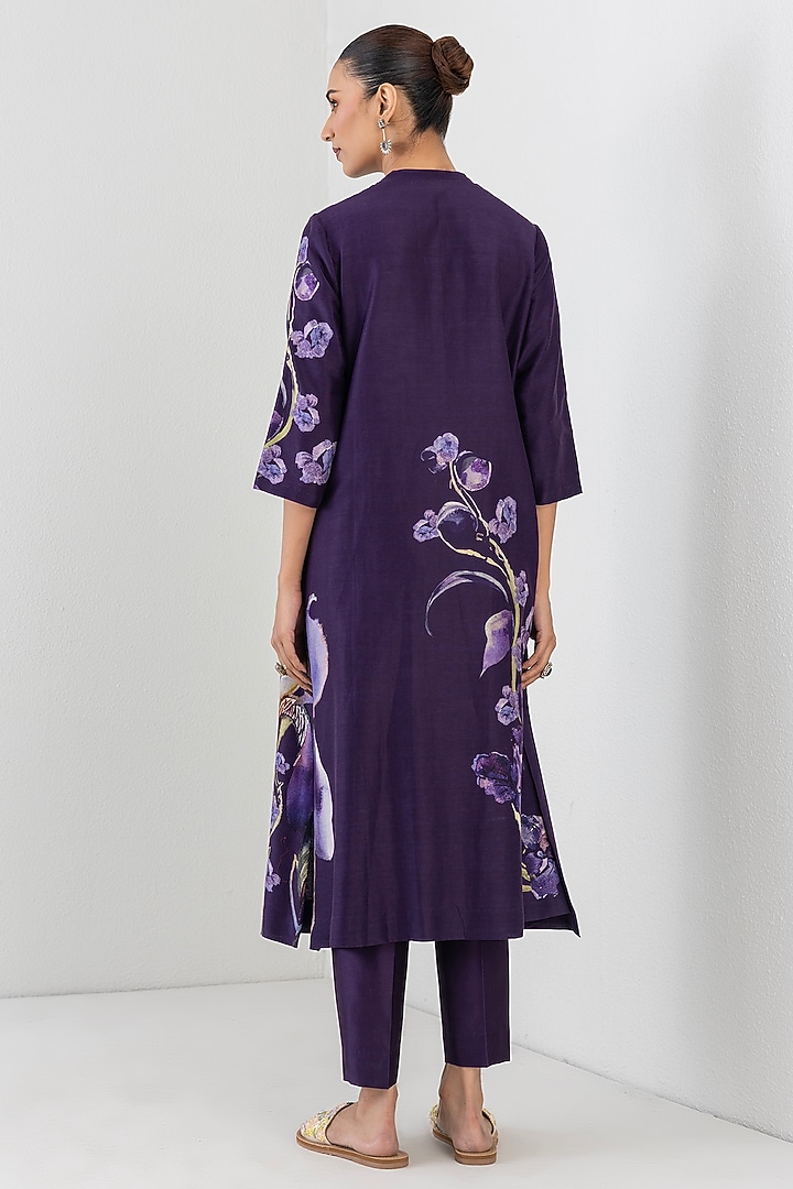 Violet Silk Chanderi Floral Printed Tunic by Anju Modi at Pernia's Pop Up Shop