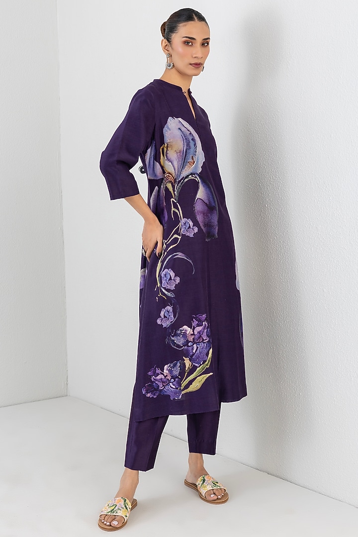 Violet Silk Chanderi Floral Printed Tunic by Anju Modi at Pernia's Pop Up Shop