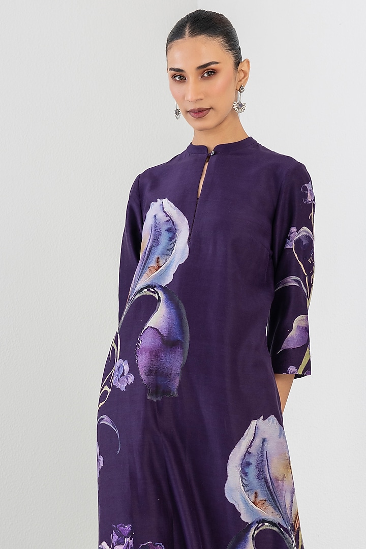 Violet Silk Chanderi Floral Printed Tunic by Anju Modi at Pernia's Pop Up Shop