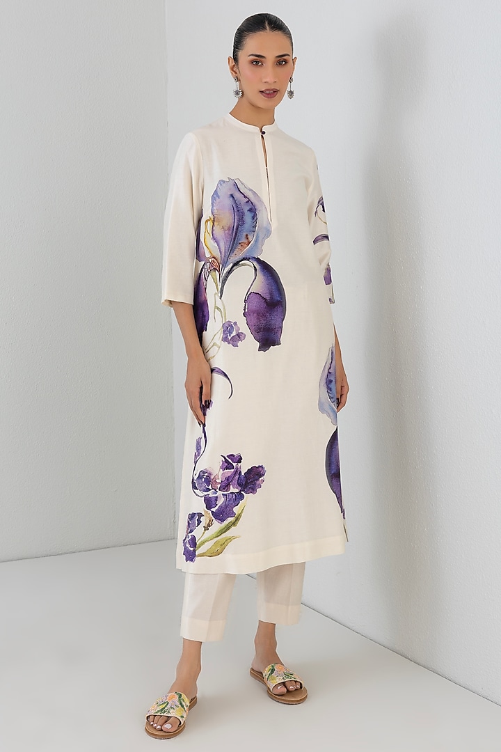 Ivory Silk Chanderi Floral Printed Tunic by Anju Modi at Pernia's Pop Up Shop