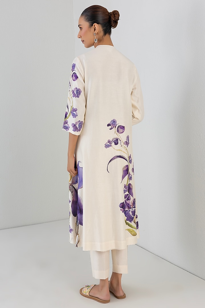 Ivory Silk Chanderi Floral Printed Tunic by Anju Modi at Pernia's Pop Up Shop