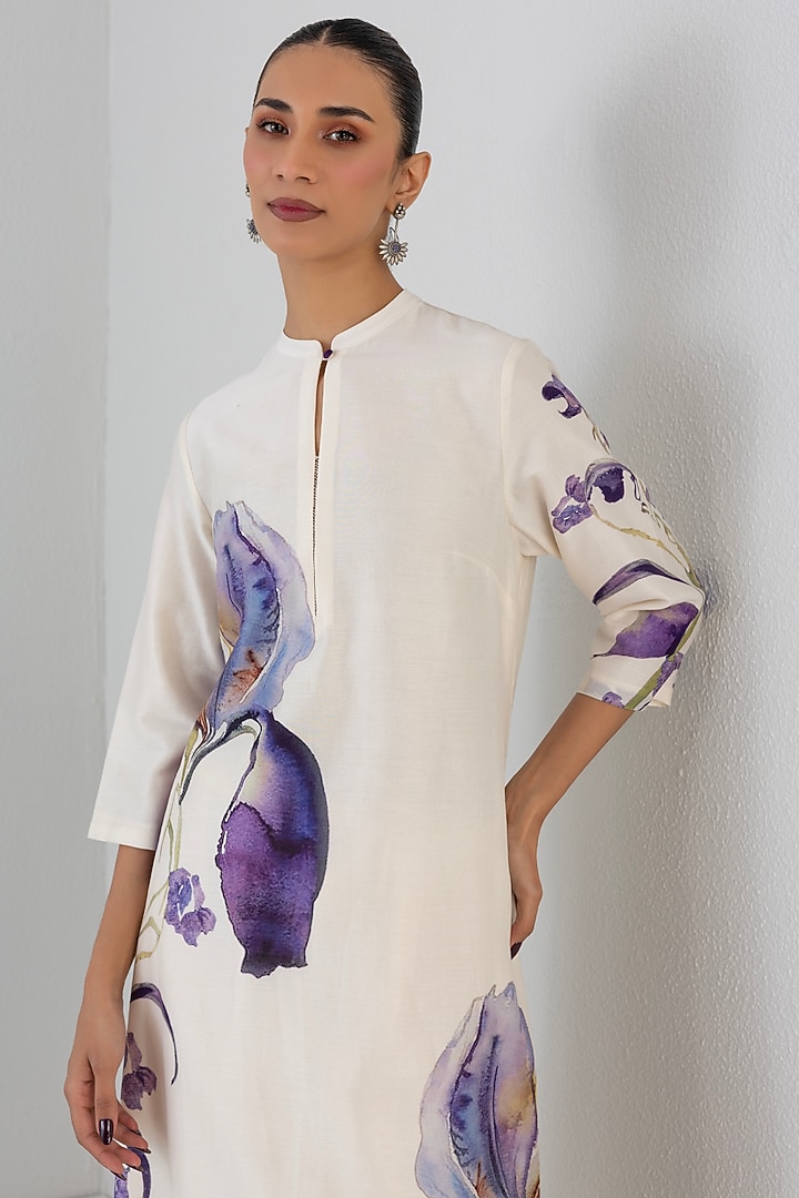 Ivory Silk Chanderi Floral Printed Tunic by Anju Modi at Pernia's Pop Up Shop