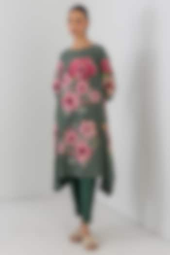 Sage Green Silk Chanderi Hibiscus Printed Tunic by Anju Modi at Pernia's Pop Up Shop