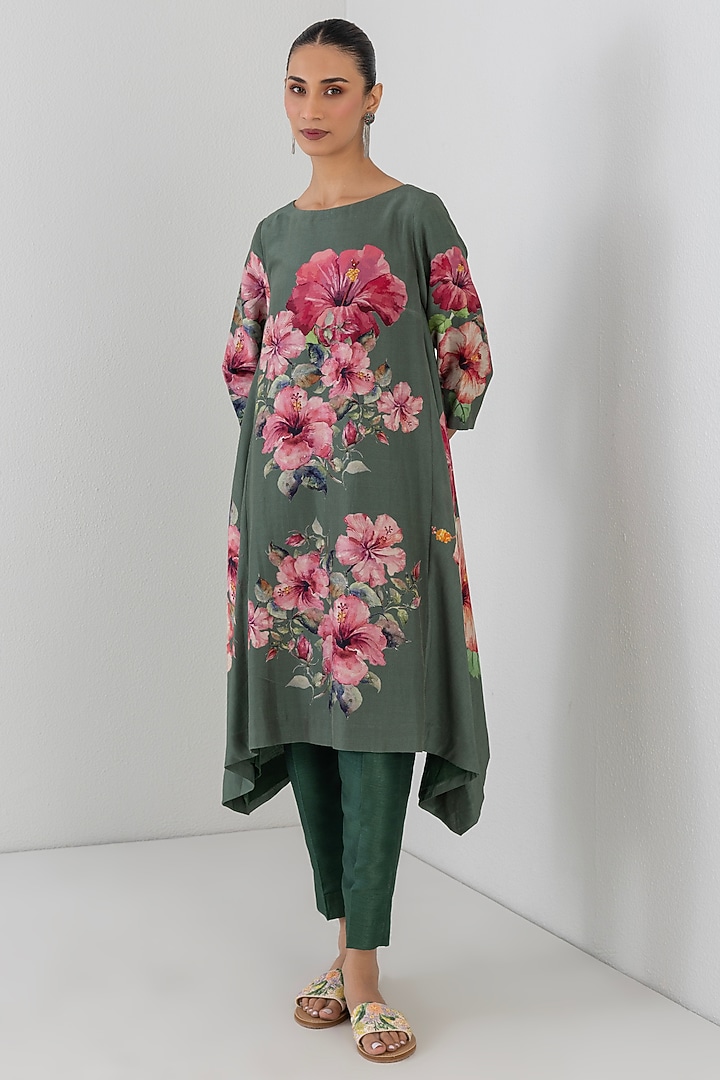 Sage Green Silk Chanderi Hibiscus Printed Tunic by Anju Modi at Pernia's Pop Up Shop