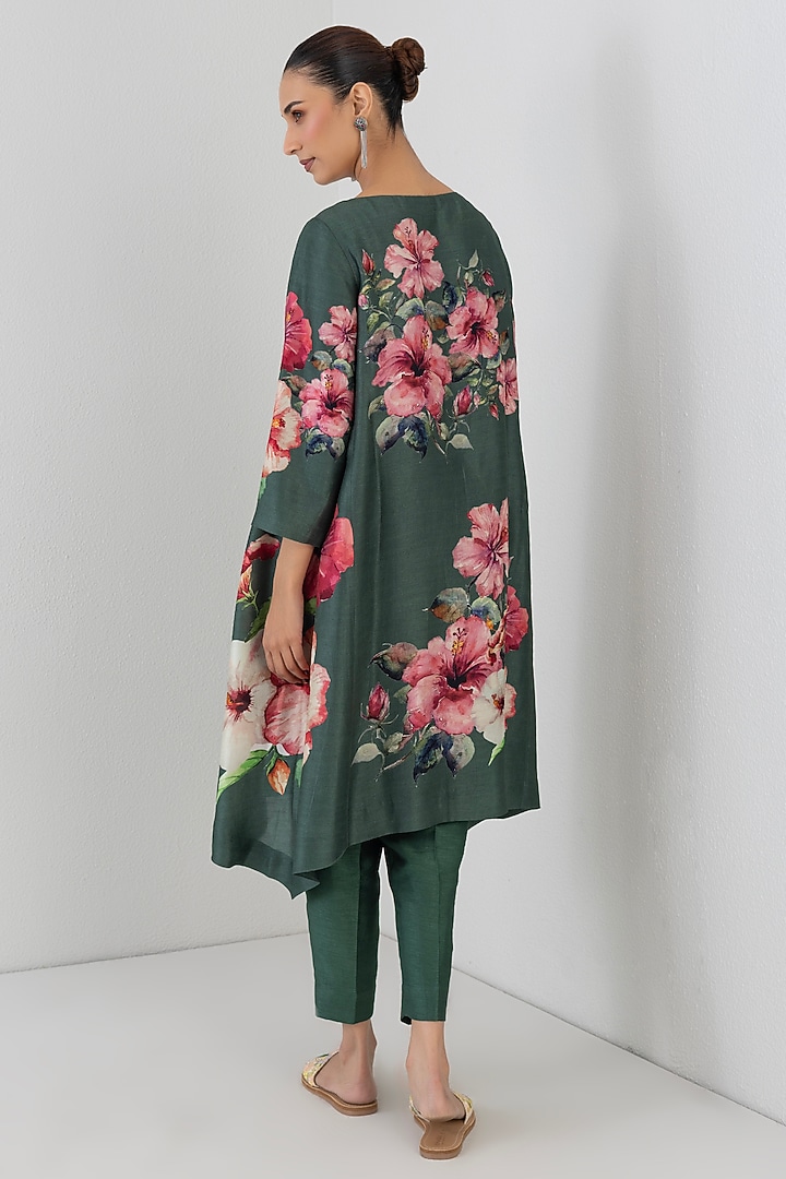 Sage Green Silk Chanderi Hibiscus Printed Tunic by Anju Modi at Pernia's Pop Up Shop