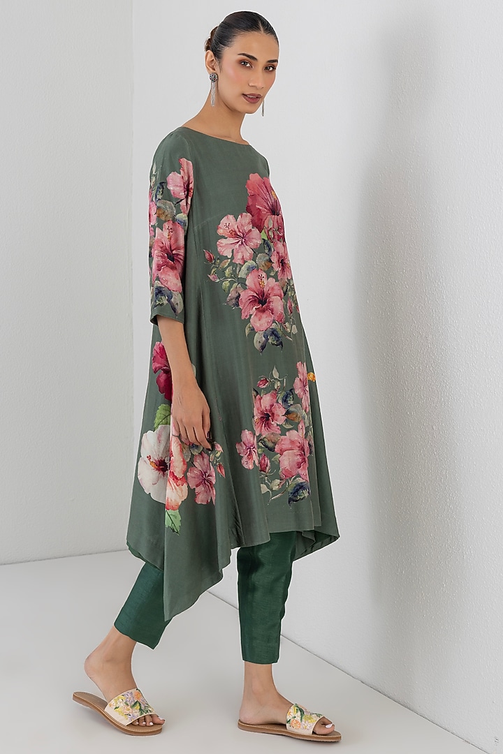 Sage Green Silk Chanderi Hibiscus Printed Tunic by Anju Modi at Pernia's Pop Up Shop