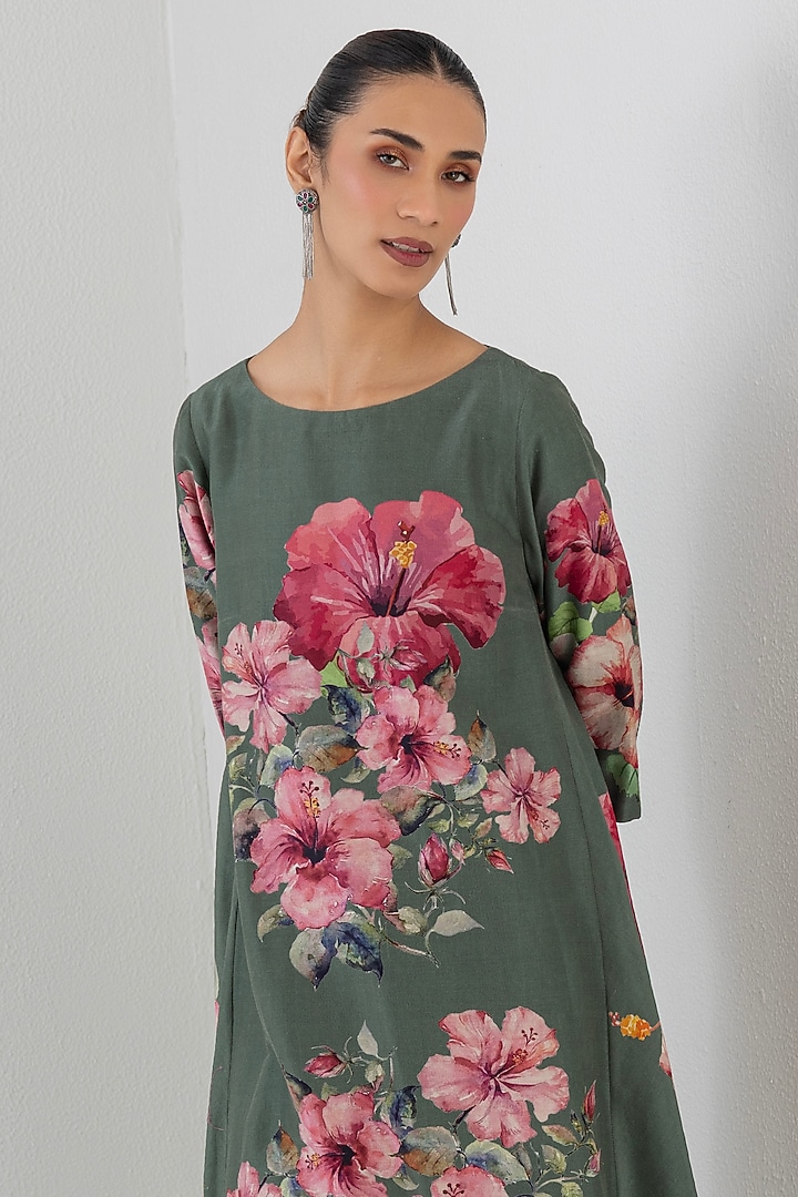 Sage Green Silk Chanderi Hibiscus Printed Tunic by Anju Modi at Pernia's Pop Up Shop