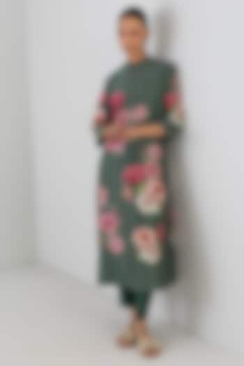 Sage Green Silk Chanderi Hibiscus Printed Tunic by Anju Modi at Pernia's Pop Up Shop