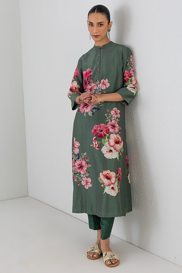 Sage Green Silk Chanderi Hibiscus Printed Tunic by Anju Modi at Pernia's Pop Up Shop