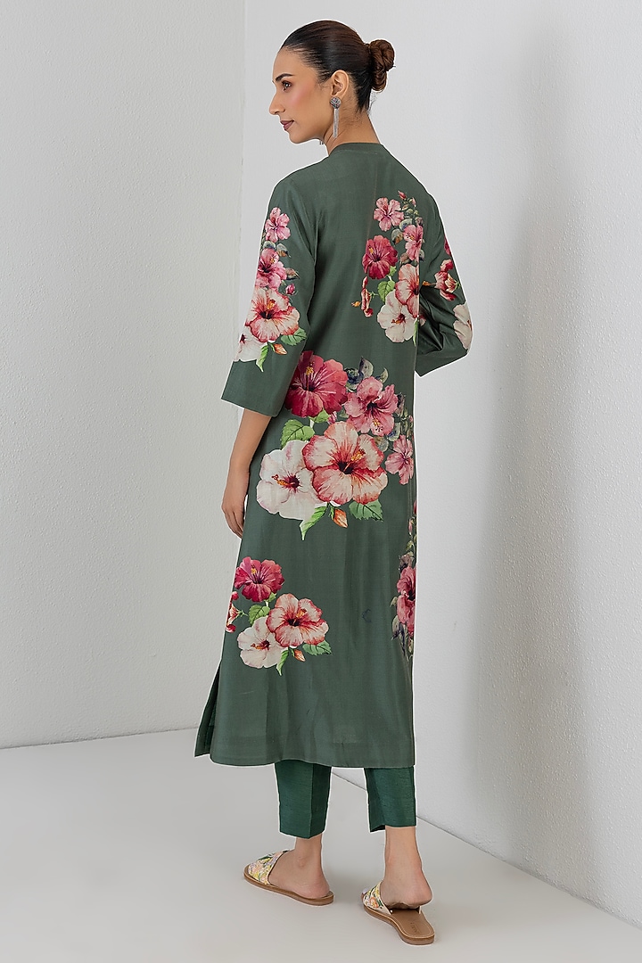 Sage Green Silk Chanderi Hibiscus Printed Tunic by Anju Modi at Pernia's Pop Up Shop
