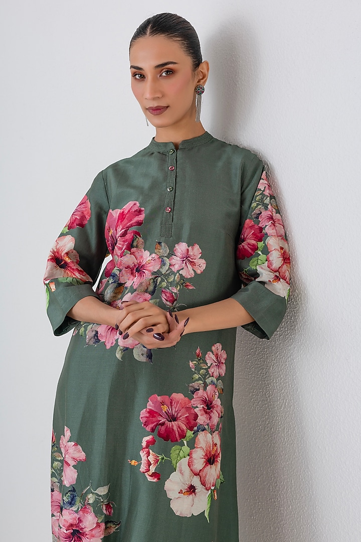 Sage Green Silk Chanderi Hibiscus Printed Tunic by Anju Modi at Pernia's Pop Up Shop