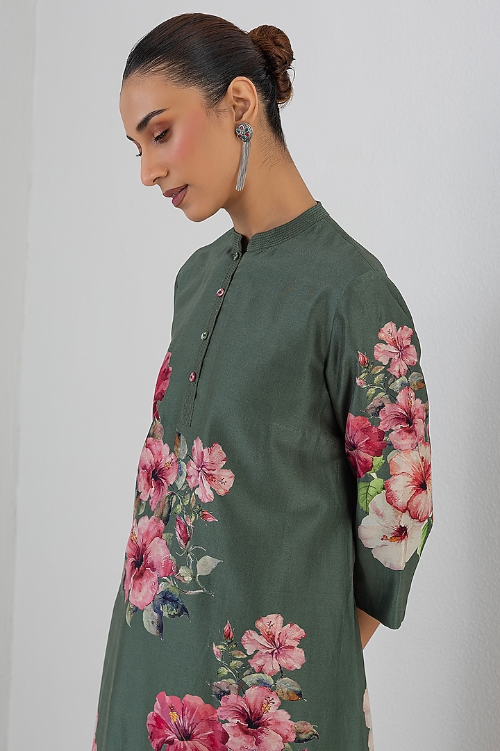Sage Green Silk Chanderi Hibiscus Printed Tunic by Anju Modi at Pernia's Pop Up Shop
