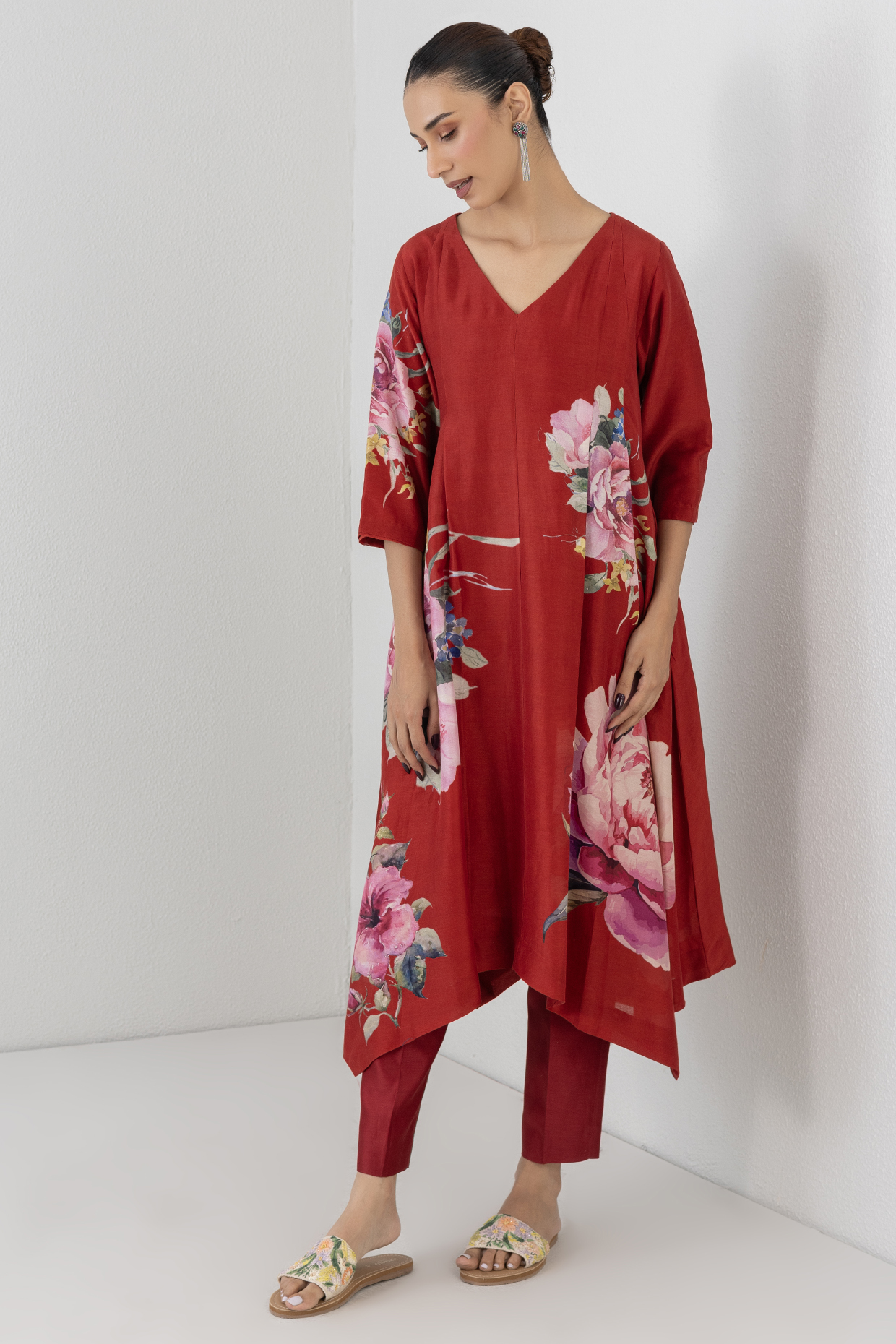 Red Silk Chanderi Rose Printed Tunic by Anju Modi at Pernia's Pop Up Shop