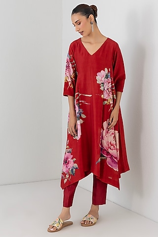 Red Silk Chanderi Rose Printed Tunic by Anju Modi