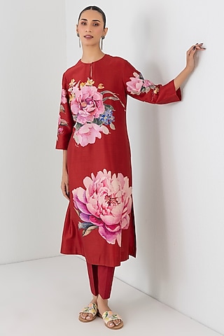 Red Silk Chanderi Rose Printed Tunic by Anju Modi