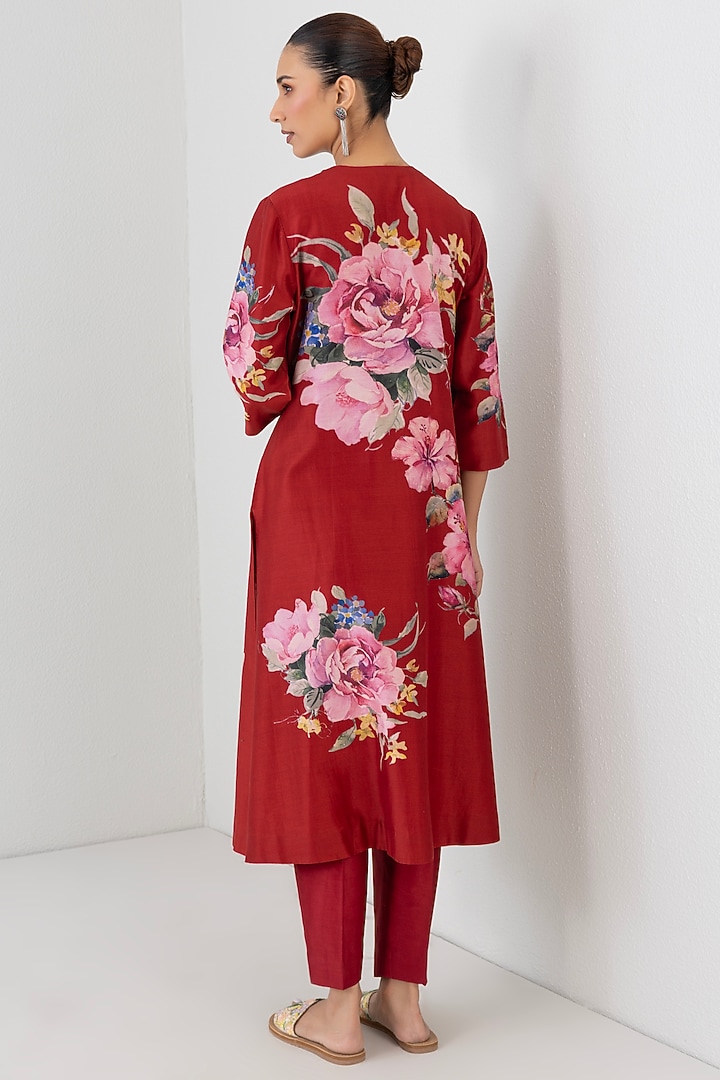 Red Silk Chanderi Rose Printed Tunic by Anju Modi at Pernia's Pop Up Shop