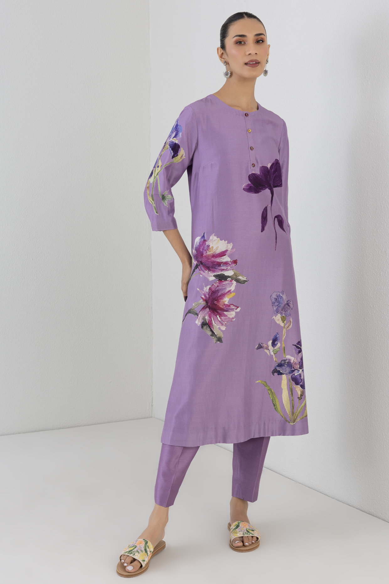 Mauve Silk Chanderi Orchid Printed Tunic by Anju Modi at Pernia's Pop Up Shop