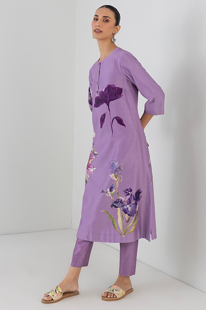 Mauve Silk Chanderi Orchid Printed Tunic by Anju Modi at Pernia's Pop Up Shop