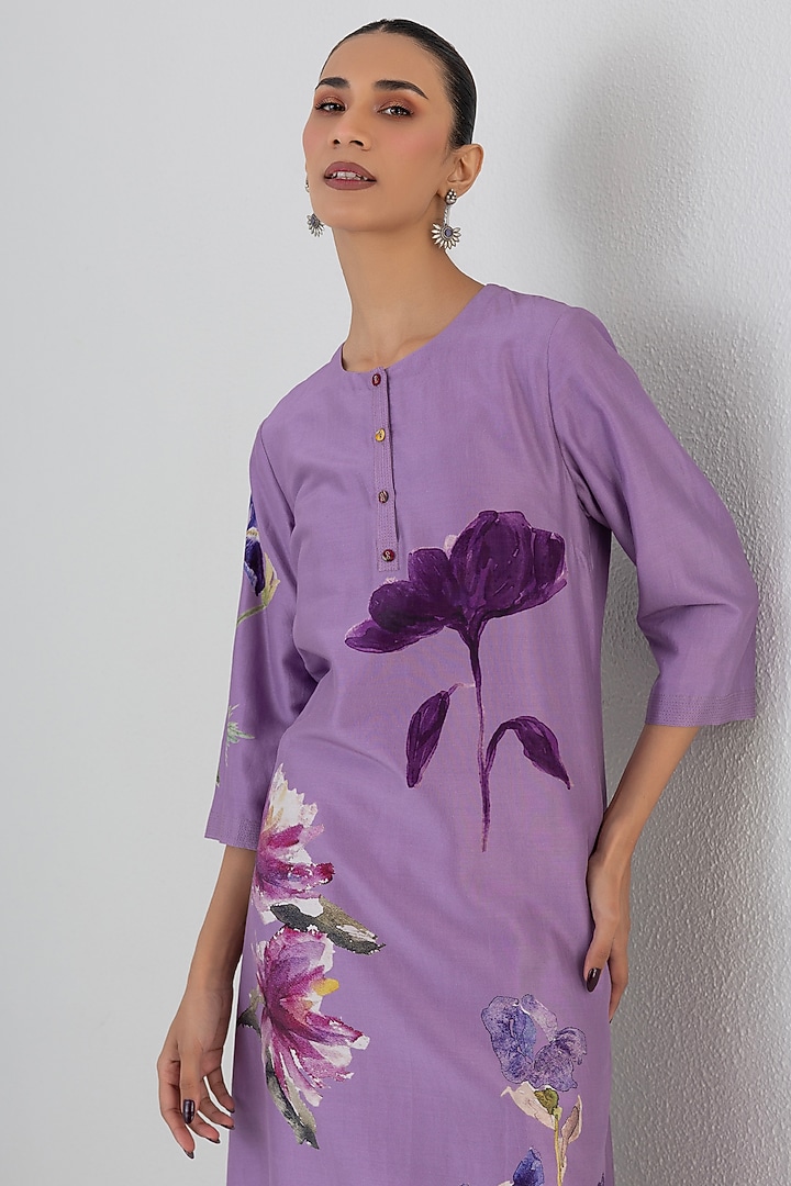 Mauve Silk Chanderi Orchid Printed Tunic by Anju Modi at Pernia's Pop Up Shop