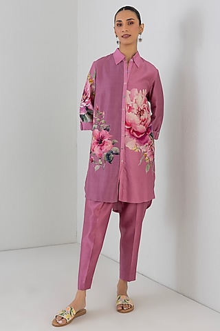 Blush Pink Silk Chanderi Floral Printed Shirt by Anju Modi