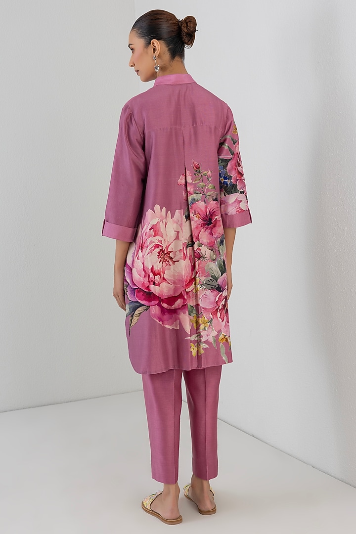 Blush Pink Silk Chanderi Floral Printed Shirt by Anju Modi at Pernia's Pop Up Shop